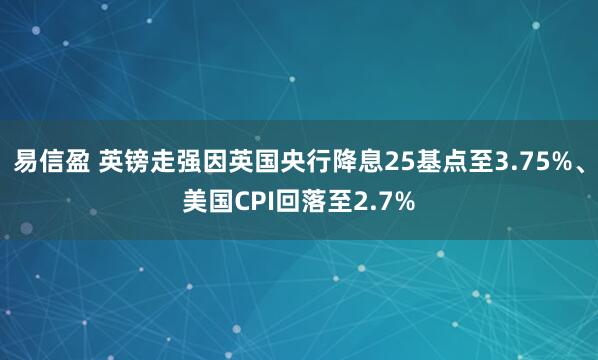 易信盈 英镑走强因英国央行降息25基点至3.75%、美国CPI回落至2.7%
